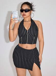 SHEIN ICON Plus Size Y2k Vest Sets Back To School Clothes Metal Zipper Decorated Halter Cup Detail High Slit Striped Skirt Set With Chain, 2pcs - Black - View 1