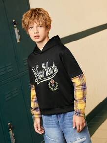 SHEIN Boys' Plaid Patchwork Look Up American Style Sweatshirt - Black - View 4
