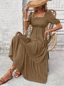 Breezaya Vestido Longo com Decote Quadrado, Manga Bufante e Bainha com Babados - Caramelo - Visão 1