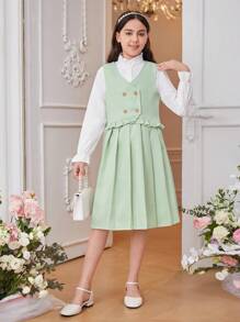 SHEIN Girls' (Big) Front Button Long Sleeve Shirt, Lace Sleeveless Jacket And Pleated Skirt Set