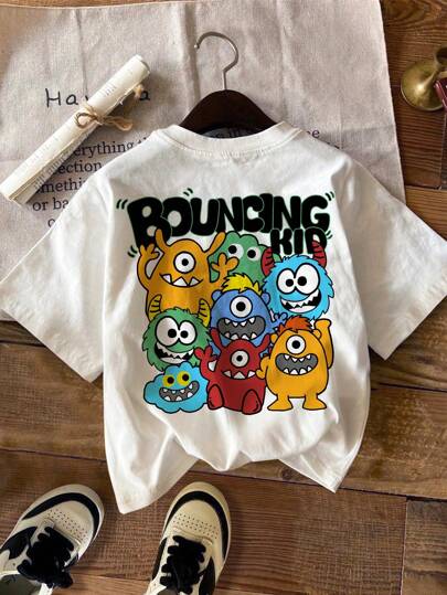 SHEIN Tween Boy 休闲可爱卡通图案短袖圆领 T 恤，适合夏季，含棉