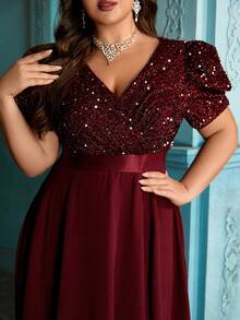 QOQ Plus Size Minimalist Solid Color Sequin Patchwork Chiffon Dress - Burgundy - View 4