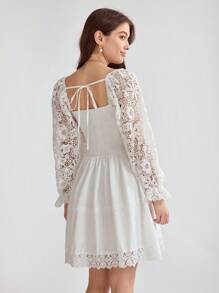 Enchnt Women's White Cute Summer Holiday Solid Color Simple Daily Lace Decorated Embroidery Lace Romantic Dress - White - View 2