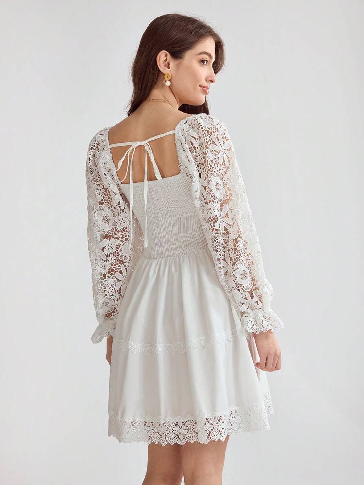 Women's White Cute Summer Holiday Solid Color Simple Daily Lace Decorated Embroidery Lace Romantic Dress