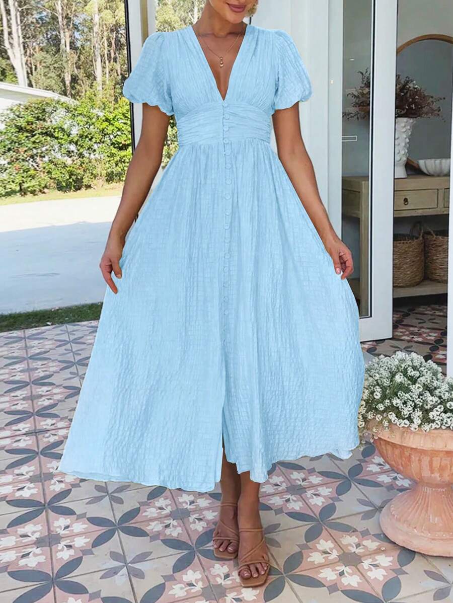 Franclia Plus Size Deep V-Neck Puff Sleeve Pleated Flared Hem Buttoned Dress, Suitable For Casual Vacation - Blue - View 1