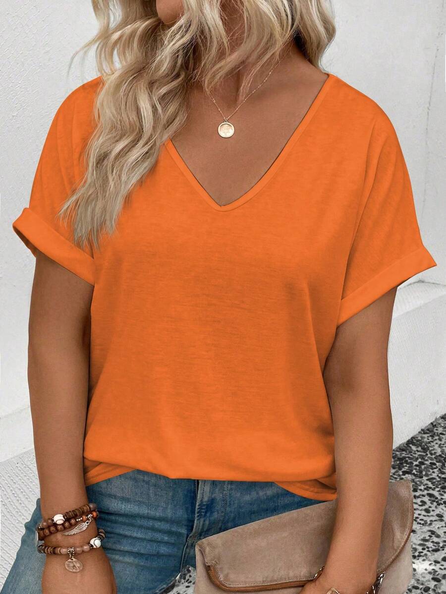 INAWLY Plus Size Women's V-Neck Folded Cuff Casual All-Match Orange Top - Orange - View 1