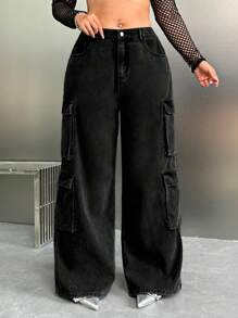 SHEIN EZwear Jeans casuales holgados de pierna ancha negro talla grande para mujer con diseño tipo novio y múltiples bolsillos de carga - Negro - Ver 1