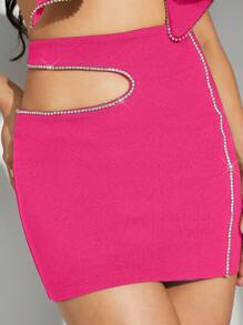 Hauture Rhinestone Trim Cut Out Waist Skirt - Hot Pink - View 3