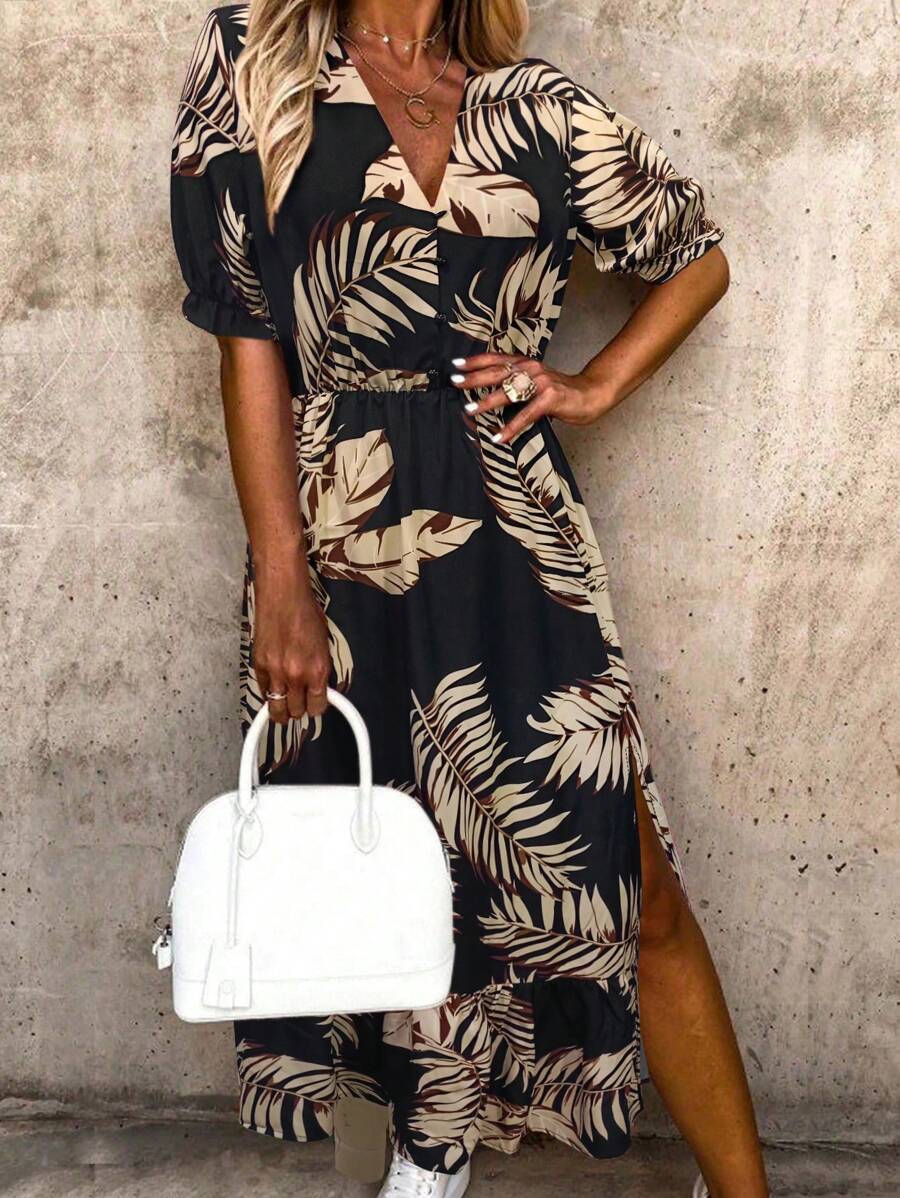 SHEIN LUNE Floral Print Vacation V-Neck Button Half-Placket Puff Sleeve Dress With Side Slit - Multicolor - View 1