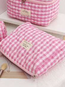 1 Piece Pink Plaid Women Makeup Bag Gingham Toiletry Pouch Travel Zipper Cosmetic Bag Storage Pouch Checkered Pattern Large Capacity Make Up Organizer Travel Skincare Makeup Storage Bag With Handle Multifunctional Storage Bag Portable Toiletries Travel Storage Bag, Handheld Bag, Minimalist Jewelry Storage Bag, Cosmetic Zipper Storage Bag Perfect For Outdoor Travel Girls Decoration Bag Cute Handbag Wallet Pouch Case Portable Cosmetics Brush Storage Clutch With Zipper Closure For Brush, Skincare, Mobile Phone, Coin, Small Items Storage Makeup Organizer Makeup Case Makeup Bags - Pink - View 8