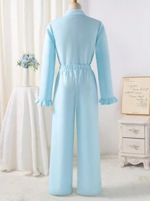 SHEIN Conjunto de dos piezas elegante y gracioso para adolescentes, que incluye una camisa detallada con encaje 3D y ribete de volantes delicado, combinado con pantalones casuales plisados. Apto para vacaciones, fiestas y el uso diario.