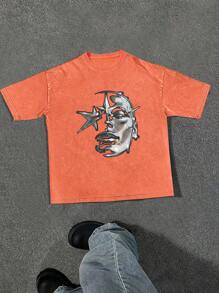 Manfinity EMRG Luźna męska koszulka z opadającym ramieniem i nadrukiem anioła - Pomarańczowy - Zobacz 1