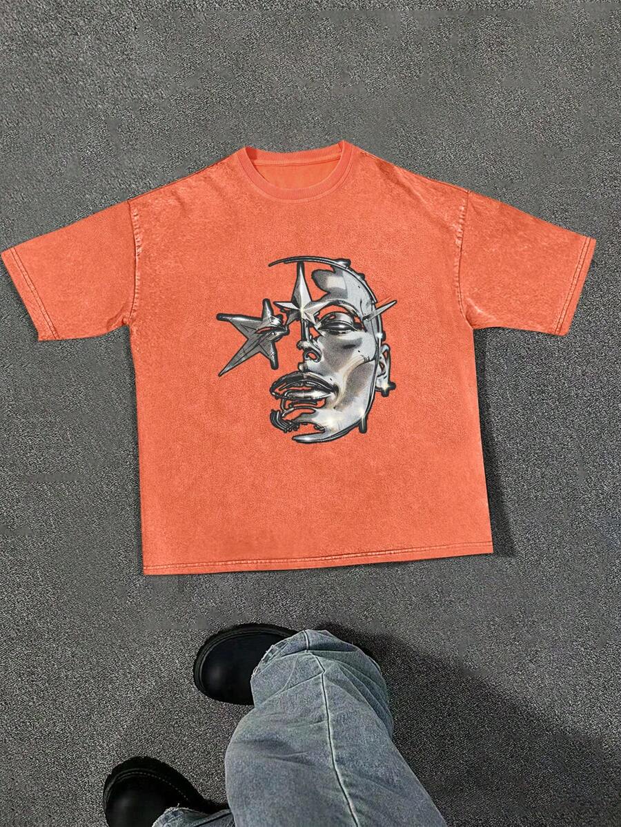 Manfinity EMRG Luźna męska koszulka z opadającym ramieniem i nadrukiem anioła - Pomarańczowy - Zobacz 1