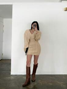 SHEIN Unity Pull en tricot à mailles gaufrées élastique ajusté pour femme à col en V, 2 pièces/ensemble