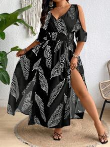 Vestido con estampado tropical con hombros descubiertos y abertura en el muslo para mujer, para el verano