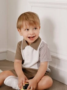 Souflis Souflis Baby Boys' Spring/Summer Casual Color Block Texture Comfortable Top And Shorts Set, Versatile