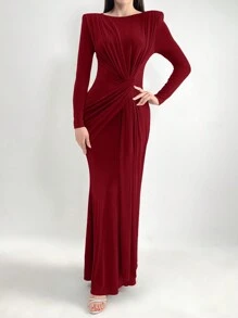 Modelyn 勃艮第红色女士圆领长袖连衣裙，腰部褶皱，扭结，优雅大方的长款晚礼服 - 酒紅色 - 查看 7