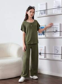 SHEIN Tween Girl Knitted Casual Fit T-Shirt And Wide Leg Pants Casual 2pcs Set