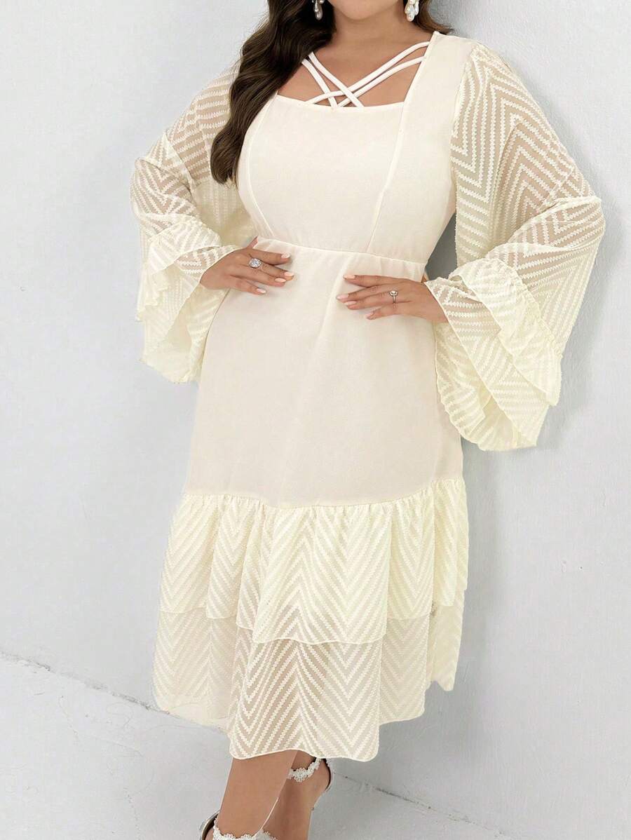 Modelyn Plus Crisscross Front Flounce Sleeve Ruffle Hem Dress, Wedding/Occasion/Ceremony/Evening Elegant Long Party Dress - Apricot - View 1