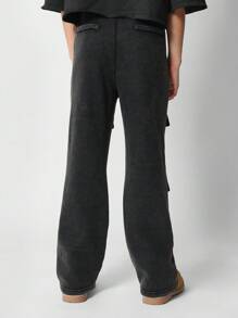 SUMWON Winter Fleece Flare Cargo Sweatpants Streetwear Wide Leg Pants With Patch Pockets Baggy Utility Outdoor Active Wear Bottoms - Black - View 4