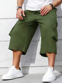 Manfinity Homme Plus Size Solid Color Cargo Style Style Capri Pants With Large Pockets For Summer - Army Green - View 3
