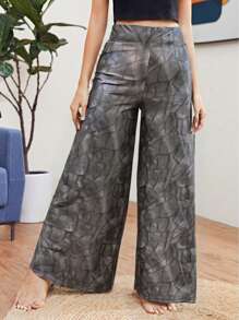 SHEIN Essnce Pantalones de pierna ancha casuales de verano para mujer, pantalones palazzo sólidos y aleatorios estampados con estilo simple y largos para uso diario, atuendos para maestras, ropa para el 4 de julio - Café integral - Ver 8