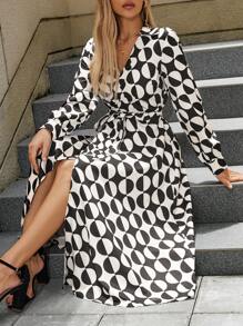 Chiquease 1pc Women V-Neck Long Sleeve Tie Front Geometric Print Dress, Autumn - Multicolor - View 3