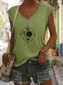 INAWLY Holiday Leisure Moon Printed Wide Strap T-Shirt - Green - View 1