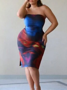 Flirla Mesh Printed Plus Size Bodycon Bandeau Dress - Multicolor - View 6