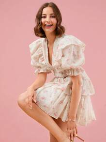 Enchnt Women's Floral Print Puff Sleeve Short Sleeve Dress For Daily Wear - Pink - View 6