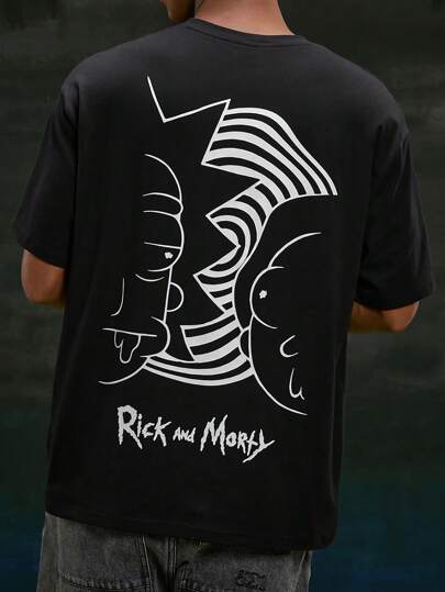 Rick and Morty X SHEIN Camiseta de manga corta negra de punto holgado con estampa gráfica casual para hombre
