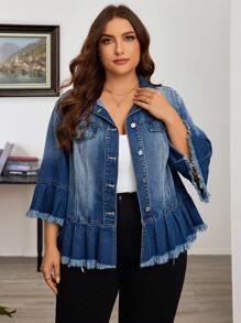 EMERY ROSE Plus Raw Trim Flounce Sleeve Ruffle Hem Denim Jacket - Medium Wash - View 1