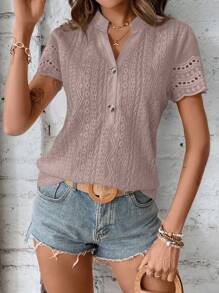EMERY ROSE Eyelet Embroidery Notched Neckline Tee - Dusty Pink - View 6