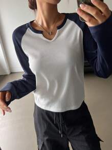 DAZY Women's Raglan Sleeve Contrast Color Block Fitted Casual Pullover Long Sleeve T-Shirt,Fall Women Clothes - White - View 4