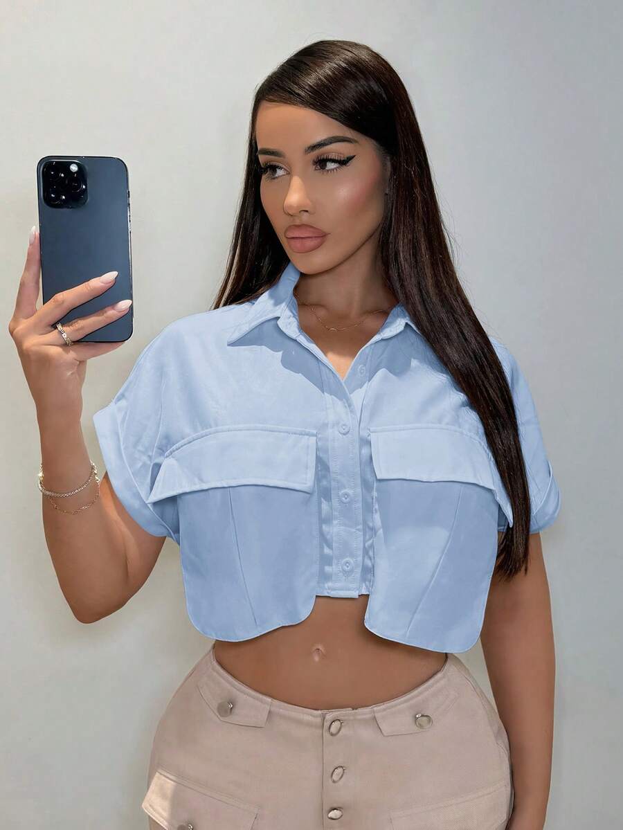 SHEIN SXY Summer Short-Sleeved White Crop Top Shirt - Baby Blue - View 1