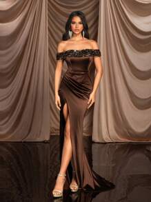 Glamrae Vestido Sereia Elegante de Marrom com Ombro à Mostra, Retalhos de Paetês, Corpete de Babados na Cintura Alta, Franzido Lateral, Ajustado, Fenda Lateral, Longo até o Chão - Perfeito para Encontros, Férias Individuais, Festas, Formatura, Casamentos, Ocasiões Especiais, Jantares e Bailes Formais, Formatura, Festa de Casamento, Vestido de Convidado - Marrom - Visão 2