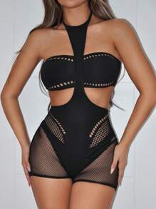 SHEIN ICON Y2k Rave Festival Ooutfits Women Two Pieces Sets Strapless Burnout Floral Pattern Crop Top And Mesh Splice Slim Jumpsuit Set With Strapless