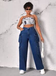 SHEIN SXY 高腰翻盖口袋工装男友风牛仔裤 - 深色水洗藍 - 查看 3