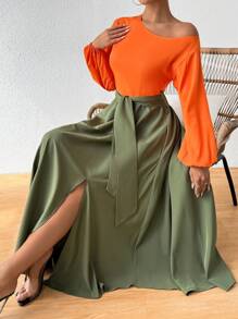 Chiquease 女士露肩拼色休闲节日连衣裙长款女装 - 綠色 - 查看 5