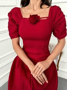 Modelyn Weinrote Damen Einfarbiges einfaches Alltagskleid im Arabeskenstil mit 3D Blumendekoration