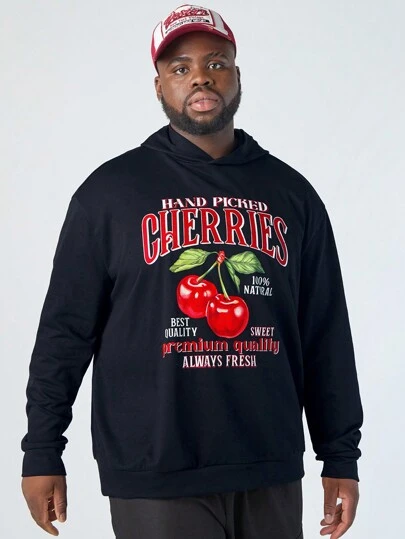 Manfinity VCAY Sudadera con capucha de manga larga de talla grande CozeMod para hombres, con estampado gráfico de bordado de letra con patrón de cereza, holgada de caída de hombros, adecuada para el otoño y el invierno, apropiada para el uso diario y salir