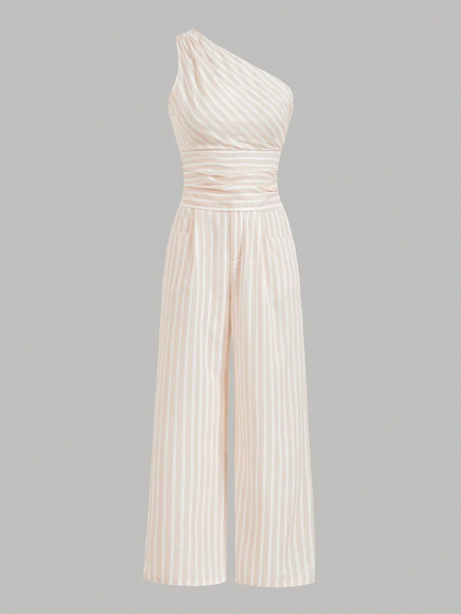 SHEIN Privé Women's Striped Oblique-Shoulder Asymmetrical Top And Wide Leg Pants 2pcs Set - Multicolor - View 1