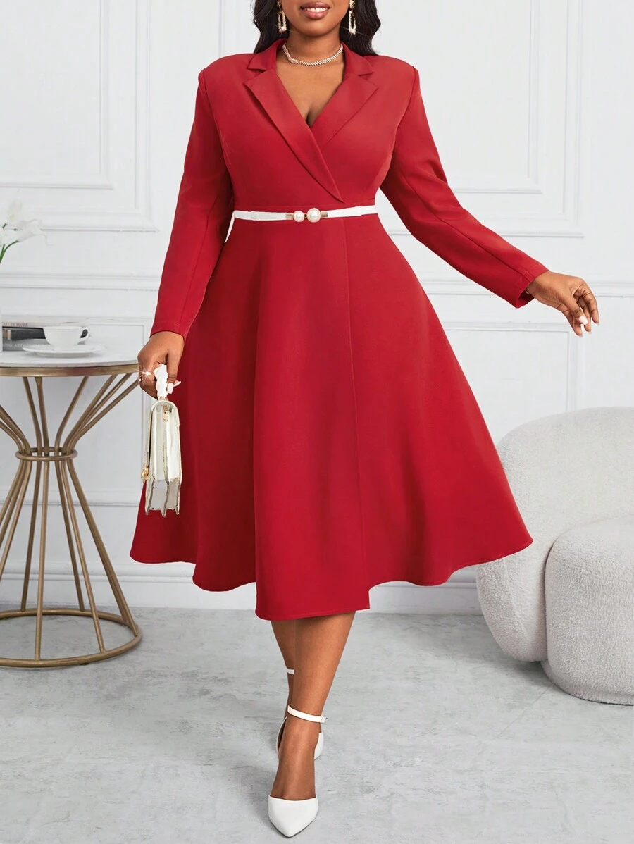 SHEIN Lady 加大码红色领腰收腰 A 字中长款西装连衣裙，优雅正式场合连衣裙秋季服装红色长袖 - 紅色 - 查看 1