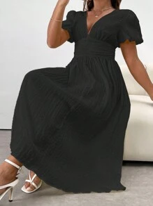 Flirla Vestido casual de talla grande con mangas abullonadas y unicolor para verano - Negro - Ver 6