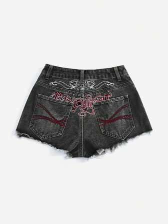 Grunge Punk Shorts en jean vintage plus taille lavés super mini avec slogan de football sexy brodé, pour Pâques/Saint-Patrick/Festival de musique