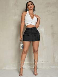 SHEIN SXY Solid Flap Pocket Denim Skirt - Black - View 6