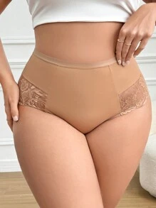 SHEIN Quần lót nữ có ren chắp vá cỡ lớn, 1 cái - Màu be - Xem 2