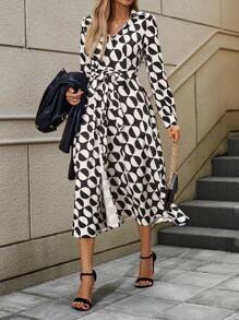 Chiquease 1pc Women V-Neck Long Sleeve Tie Front Geometric Print Dress, Autumn - Multicolor - View 4