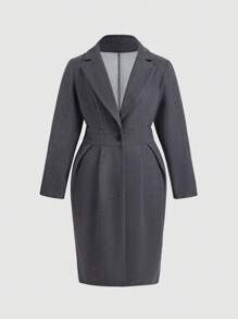 Flirla Women's Plus Size Solid Color Turn-Down Collar Long Sleeve Pleated Design Long Elegant Woolen Coat For Autumn And Winter - Dark Grey - View 1