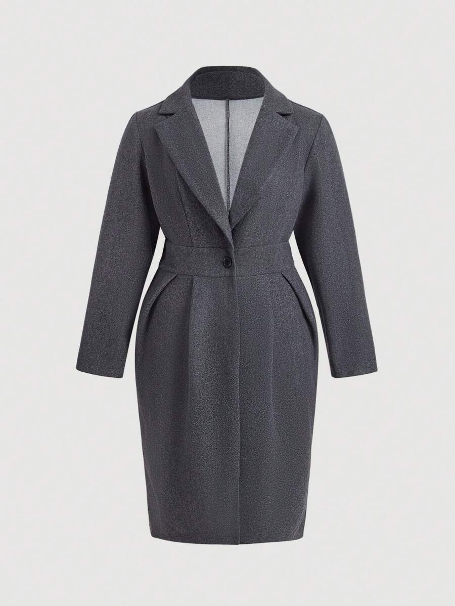 Flirla Women's Plus Size Solid Color Turn-Down Collar Long Sleeve Pleated Design Long Elegant Woolen Coat For Autumn And Winter - Dark Grey - View 1